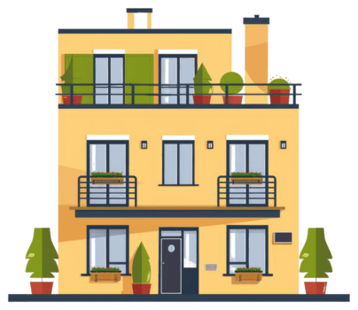 uma amarelo apartamento construção com varandas e em vaso plantas png