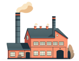 An industrial illustration depicts a factory with chimneys and emissions png