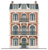 A detailed front view of a brick building with multiple floors png