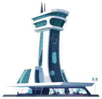 Modern airport control tower with airplanes in the terminal building png