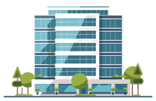 Modern office building illustrated with trees and a minimalistic style png