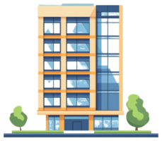 An illustration of a tall building with trees and bushes png