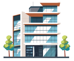 Modern office building with multiple floors and trees around it png