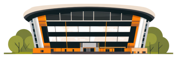 Modern architectural stadium building with trees and exterior lights present png
