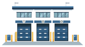 An illustration of a building with three large roller doors png