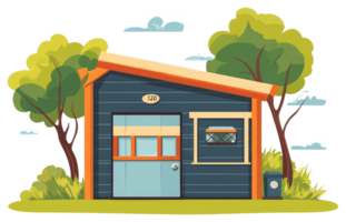 Cartoon illustration showing a small building with a door and windows png