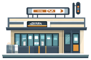 A simplistic illustration of a train station platform with signage png
