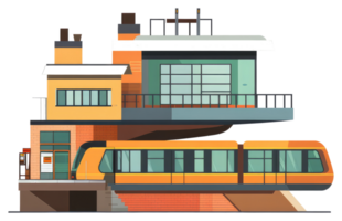 A train pulling into a station complex illustration in a cartoon style png