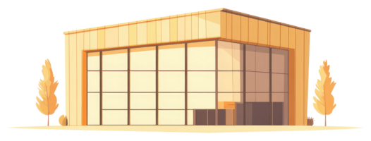 A modern building with glass windows and trees on the side png