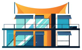 A modern colorful two story building with awnings and railings png