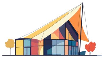 Modern building architecture with large tent like awning and colorful windows png