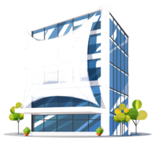 Modern office building featuring glass windows and decorative trees in front png