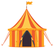 A colorful circus tent with stripes and a flag on top png