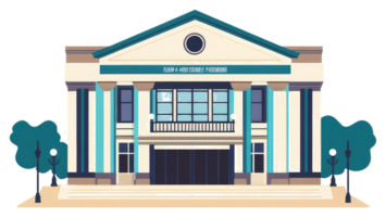 Cartoon illustration depicting a classical style building with trees and columns png