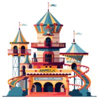 A colorful whimsical amusement park structure with multiple slides and towers png