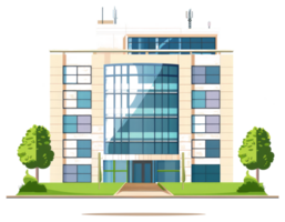 A large modern building with reflective windows and green scenery png