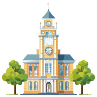 An illustrated colorful building with a clock tower and trees png