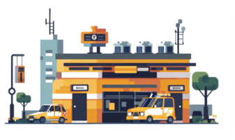 A sticker of a taxi cab and a building png