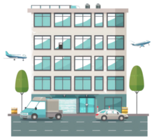 A cartoon building with cars and planes flying over it png