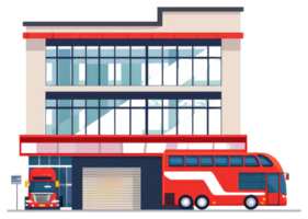 A sticker of a red double decker bus and a building png