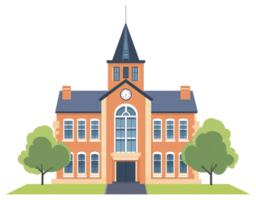 A school building with a clock tower and trees png