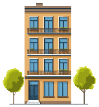uma desenho animado construção com árvores e varandas png