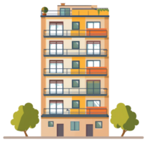 A cartoon apartment building with balconies and trees png