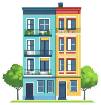 uma colorida apartamento construção com varandas e árvores png