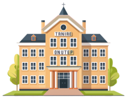 A sticker of a building with the words trenue out png