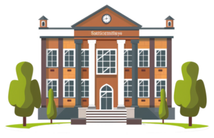 A sticker of a school building with trees and steps png