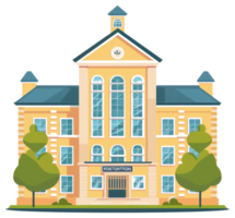 A cartoon school building with trees and bushes png