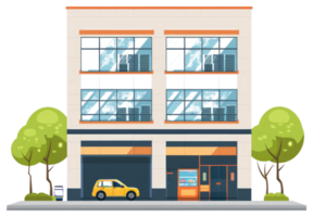An illustration of a building with a car parked in front png