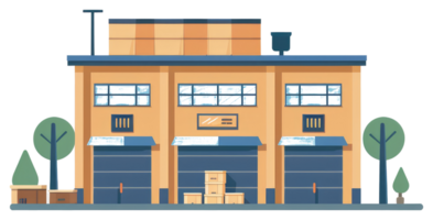 A cartoon building with boxes and a tree png