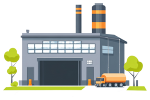 An industrial building with a truck and trees png