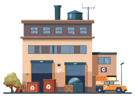 A cartoon factory building with a truck and garbage cans png