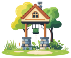 Cartoon house with a well and trees png