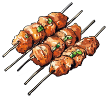 Appetizing and flavorful skewers of cooked and garnished meat displayed png