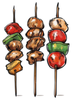 Three Skewers Of Food With Vegetables And Cooked Meat png
