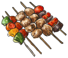 Skewers of various grilled food ingredients arranged together png