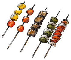 Colorful skewers of various grilled ingredients are on display png