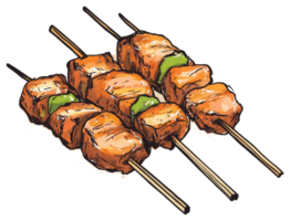Three skewers of food are arranged side by side in a row png