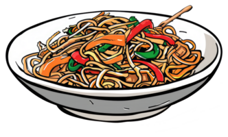 A Bowl of Noodles with Vegetables and Chopsticks Above it png