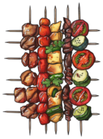 Skewers of grilled meat vegetables and other delightful food items png
