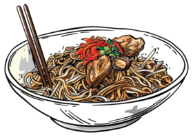 A bowl of noodles with chopsticks and tasty toppings included png
