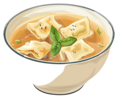 An illustration of a soup with dumplings and herbs in a bowl png
