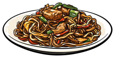 Delicious noodles with vegetables and meat served on a plate png