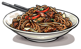 A detailed illustration of delicious noodles with various toppings inside a bowl png