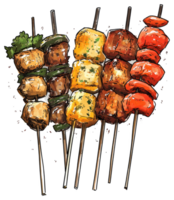 A colorful illustration depicts several skewers with varied foods png