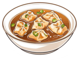 A bowl filled with dumplings sitting in a broth png