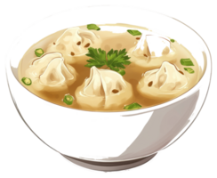 Delicious dumplings with soup are in a white ceramic bowl png